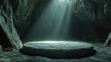 Mysterious stone platform in a circular shape, surrounded by intense lighting within an enclosed caveの素材
