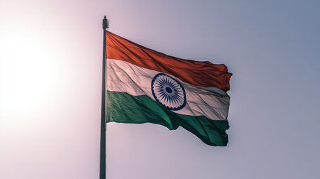 The Indian flag majestically fluttering in the wind with a clear sky behind, representing national pride and patriotism.の素材