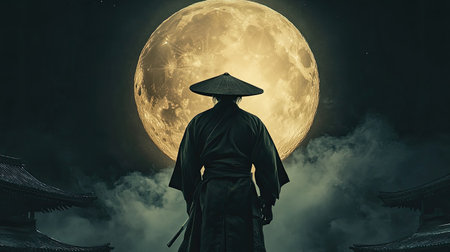 Japanese man with a powerful stance, standing beneath the final full moon, creating a scene filled with strength and mysteryの素材