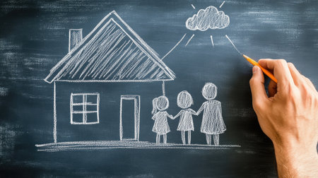 A man draws a roof over a family on a chalkboard, symbolizing the protection and stability that comes with owning a homeの素材