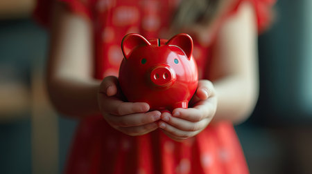 Close-up of a girl in a red dress holding a red piggy bank, emphasizing the concept of saving money for children. Soft focus and blurred background.の素材