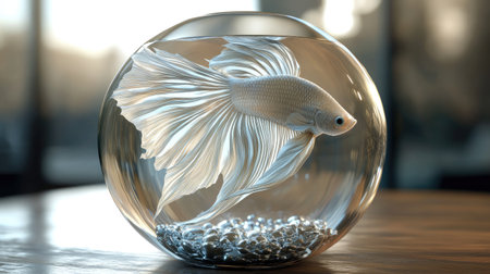 Golden Siamese fighting fish in 3D, with a white tail swirling in strong waves, silver fish hidden beneathの素材