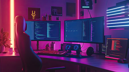 Neon-lit workspace with dual monitors showcasing responsive web design and coding environmentの素材