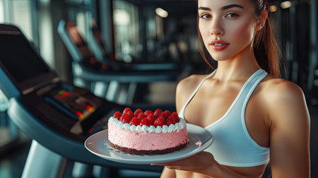 A beautiful woman in sportswear holds a plate with strawberry cake, standing by a treadmill in the gym. The contrast of exercise and indulgence.の素材