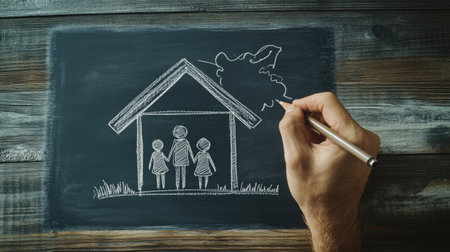 A man draws a roof over a family sketch on a chalkboard, symbolizing home ownership and security. The concept is clear, simple,の素材