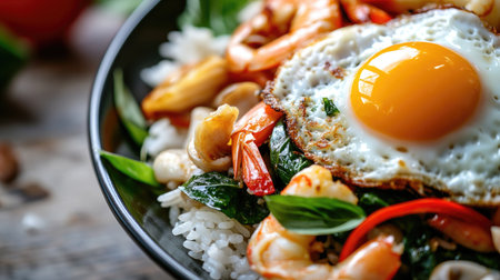 Macro shot of vivid, spicy stir-fried basil with shrimp, squid, clams, and crab meat on rice,の素材