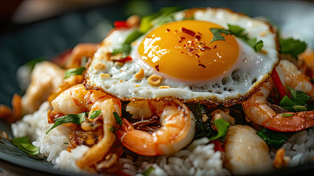 Macro shot of vivid, spicy stir-fried basil with shrimp, squid, clams, and crab meat on rice,の素材