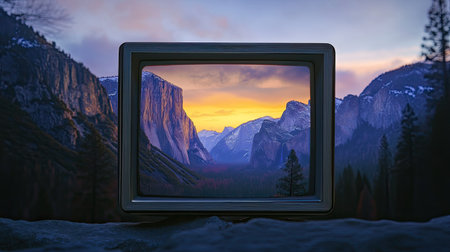 Personal perspective of Yosemite Valley during sunset, captured in a polaroid frame, blending nature's beautyの素材
