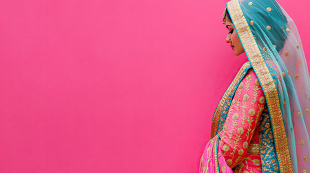 Traditional Indian womena costume dress displayed against a bright pink background, with space for text or designの素材