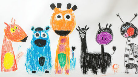 Playful and whimsical animal drawings by a 3-year-old, featuring unique characters on a white backgroundの素材