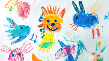Playful and whimsical animal drawings by a 3-year-old, featuring unique characters on a white backgroundの素材