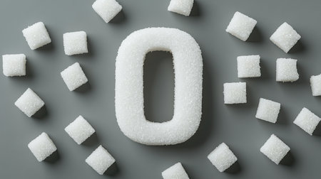 A 3D model of the number 0 crafted from white sugar, surrounded by sugar cubes, on a gray background. Symbolizes zero sugar, healthy eating,の素材