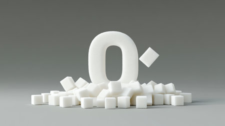 A 3D rendering of the number 0 made from white sugar, surrounded by a pile of sugar cubes on a gray background. Concept for sugarの素材