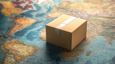 A box package on a world map, symbolizing how technology improves product delivery speed and efficiency, reducing costs in global logistics.の素材