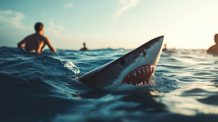 Close-up of shark fins breaking the sea's surface near swimmers, symbolizing the imminent danger of sharks hunting in shallow watersの素材