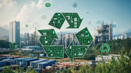 Circular economy visualized with sustainable practices, showcasing waste reduction, resource efficiency, and environmental benefits.の素材