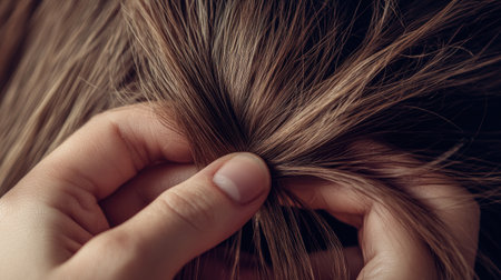 Close-up of a woman head, hands gripping damaged hair, symbolizing the need for hair treatment and care. Copy space available.の素材