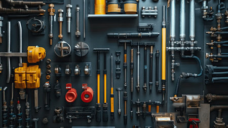 Modern plumbing industry tools and pipes arranged on a workbench, showcasing the essential equipment for plumbing workの素材