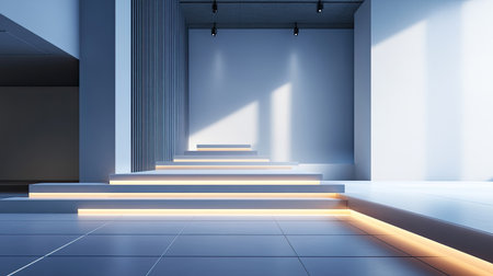 Minimalist stage design with softly illuminated steps, creating an abstract, modern look in a spacious, sleek room with clean linesの素材