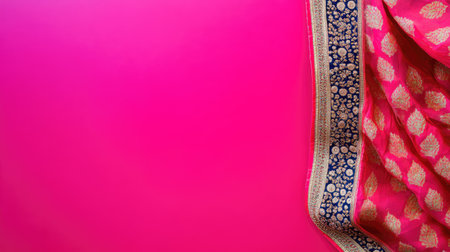 Traditional Indian womena costume dress displayed against a bright pink background, with space for text or designの素材