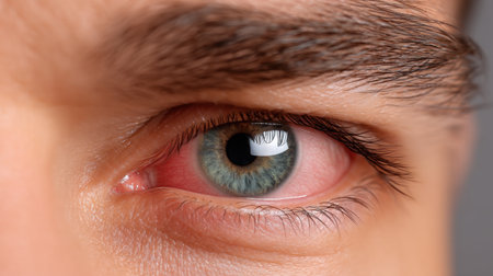 This close-up image captures the intricate details of a human eye with a striking blue iris. The photograph emphasizes natural eyelashes and skin texture, evoking emotion.の素材