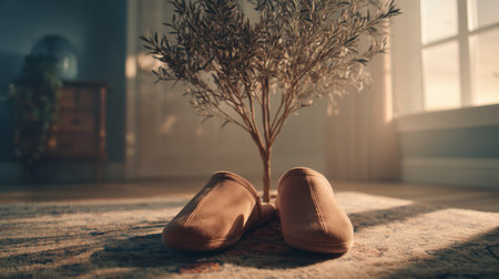 A pair of cozy slippers sits near a potted tree in a beautifully sunlit room, creating a warm and inviting atmosphere perfect for relaxation and comfort at home.の素材