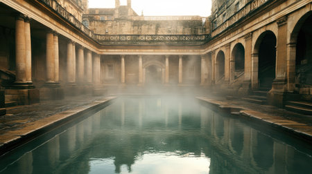 The Roman baths in Bath, England, with ancient architecture and steaming waters, completely devoid of people.の素材