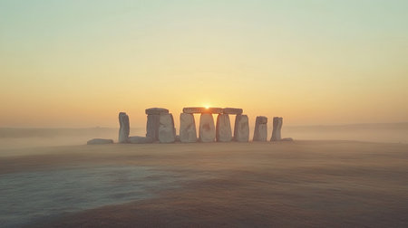Stonehenge in England, captured at sunrise, with the ancient stones standing in solitude and no visitorsの素材