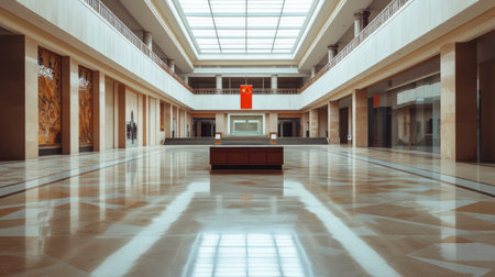 The empty halls of the National Museum of China, with no visitors, just the grand displays and artifacts.の素材