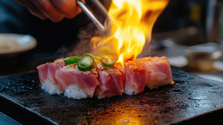 Close-up of flame torching tuna sushi during a luxurious omakase experience, enhancing flavor in Japanese fine diningの素材