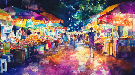 A vibrant watercolor painting of Chiang Mai's night market, with colorful stalls, street food, and twinkling lights capturingの素材