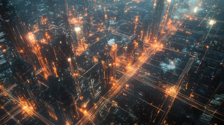 A futuristic city, where transport and technology networks intertwine, creating a web of glowing connectionsの素材