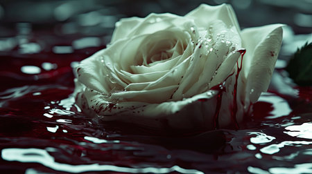 A close-up of a white rose in a pool of blood, with dripping blood on its petals, creating a dramatic and haunting visualの素材