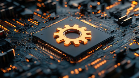A CPU with a gear sign illuminated, highlighting the concept of technology, innovation, and the continuous development of digital solutionsの素材
