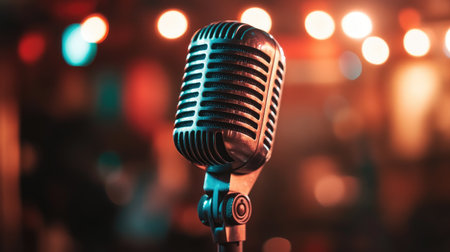 Vintage microphone in retro style, showcasing its iconic design, perfect for a classic or nostalgic performance.の素材