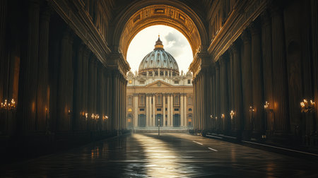 The grand architecture of St. Peter Basilica in Vatican City, illuminated by soft light, with no visitors in sightの素材