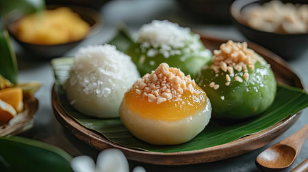 A detailed close-up of three Khanom Thai desserts, with a focus on the soft, bubble-free surface and traditional banana leaf bowlsの素材