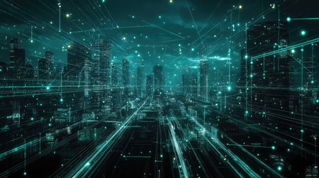 Futuristic cityscape illuminated by a vast network of transport connections andの素材