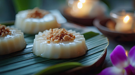 A close-up of three Khanom Thai desserts, with smooth, creamy surfaces and delicate banana leaf bowlsの素材