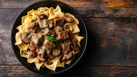 Hearty bowl of Russian beef stroganoff with mushrooms and noodles, with copy space for text or branding.の素材