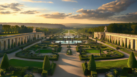 The peaceful gardens of Versailles, France, with perfectly manicured lawns and fountains, completely empty of peopleの素材