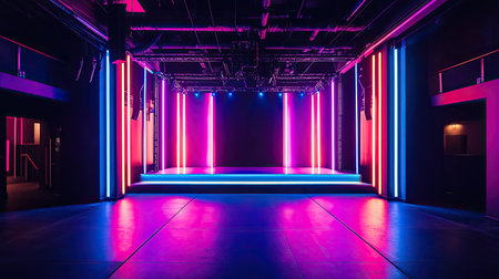 A neon-lit stage with dark blue, purple, and pink lighting, creating a captivating and moody environment,の素材