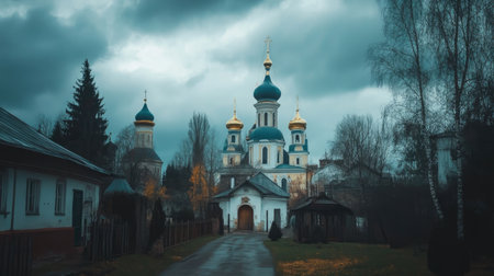 Golden Ring's Sergiev Posad, quiet monastery complex under a cloudy sky, no peopleの素材