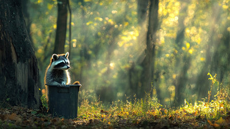 In the early morning light, a curious raccoon investigates a trash bin in a peaceful forest setting, with sunlight filtering throughの素材