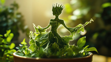 Leaves in a potted plant taking the form of a graceful woman, their edges flowing like a dress, with a crown-like shape in the centerの素材