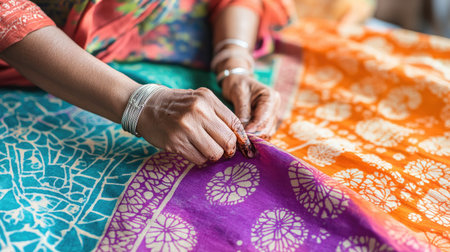 Traditional Indian artisan stamping vibrant sari fabric with ink patterns, demonstrating cultural textile craftsmanshipの素材