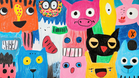 Hand-drawn whimsical animals, each with unique expressions, created by a 3-year-old. Full-frame, colorfulの素材