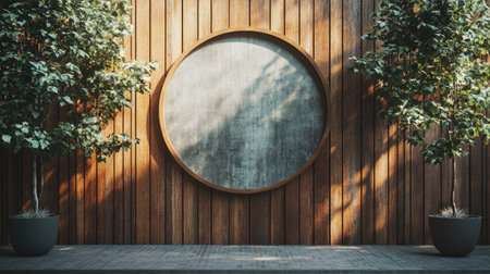 Circular signboard mockup on a wooden wall, positioned in a street setting, perfect for visualizing storefront brandingの素材
