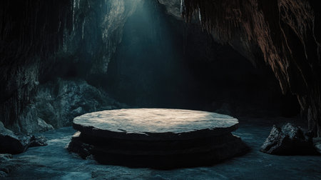 Dramatically lit circular stone platform in a dark, enclosed cave, highlighting the mysterious and ancient ambiance of the settingの素材