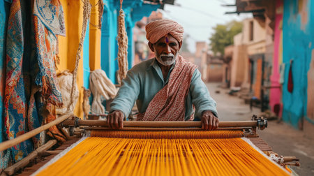 Traditional Indian weaver at work on a handloom, crafting textiles in a colorful village setting.の素材